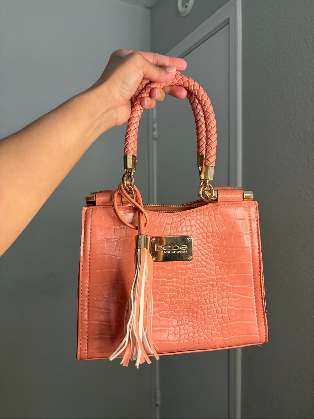 bebe Coral Croc-Embossed Mini Top-Handle Bag